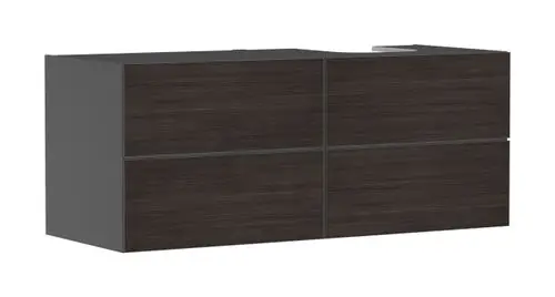 Schwarzer Waschtischunterschrank mit vier Schubkästen, rechte Aussparung für Aufsatzwaschtisch. Produkthinweis Hansgrohe.